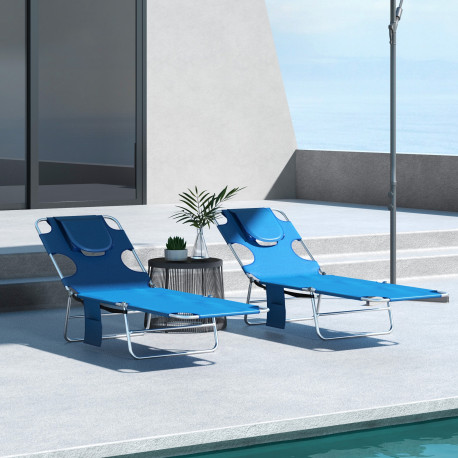 Outsunny Foldable Sun Lounger Set of 2 with Reading Hole, Portable Sun Lounger with 5 Level Adjustable Backrest, Reclining Loung