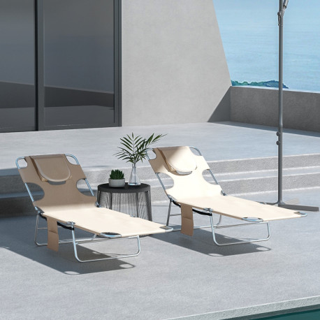 Outsunny Foldable Sun Lounger Set of 2, Beach Chaise Lounges with Reading Hole, Arm Slots, 5-Position Adjustable Backrest, Side 