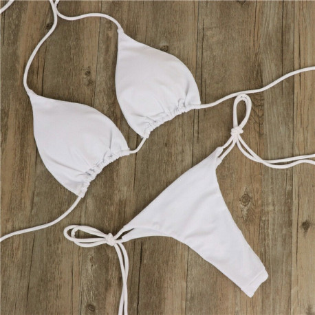 Women Halter Bikini Set Bra Top + Mini Triangle G-string Thong Swimwear Swimsuit Set - White