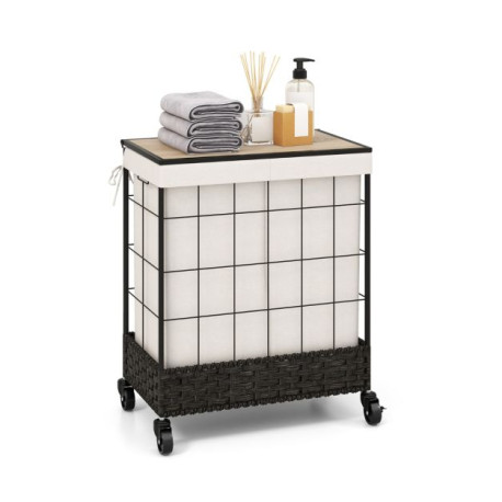 130L Handwoven Rattan Laundry Hamper with Lid and Lockable Wheels
