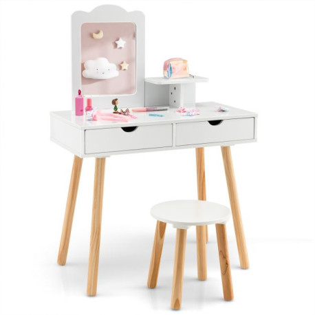 Kids Vanity Table and Stool Set with Square Mirror and Storage Shelf