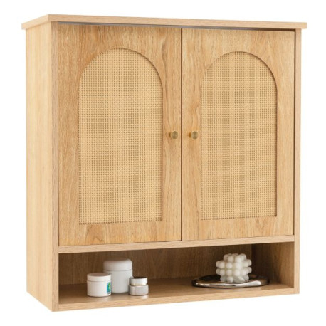 3-Tier Bathroom Cabinet with 2 Rattan Doors and Open Shelf
