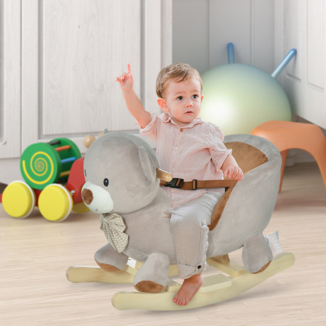 Kids Children Rocking Horse Plush Ride On Bear Seat w/ Sound Wood Base Seat Safety Belt Toddler Baby Toy for 18-36 Months Grey