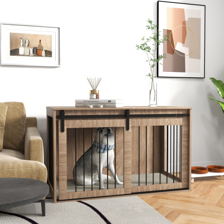 PawHut 118cm Dog Crate Furniture with Removable Cushion for Extra Large Dogs - Walnut Brown