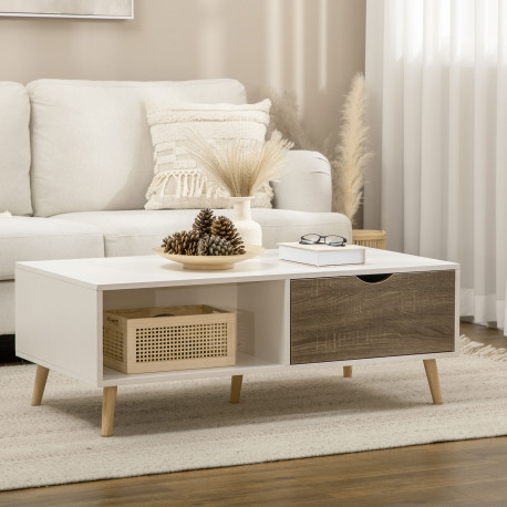Coffee Table, Modern Tea Table with Open Storage Shelves, Two Drawers and Solid Wood Legs, Coffee Tables for Living Room, Bed Ro