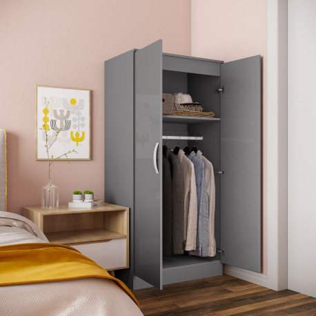 High Gloss Wardrobe, 2 Door Wardrobe with Hanging Rod and Storage Shelf, Clothes Storage Organizer with Anti-tipping Design for 