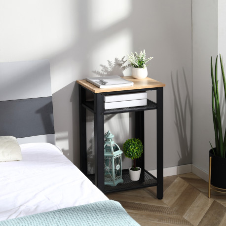 Tall Side Table with 3 Layer 2 Shelves Storage Display Industrial-Style Metal Frame Bedside End Table Nightstand for Living Room
