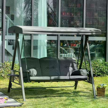 Outsunny 3 Seater Garden Swing Chair Outdoor Hammock Bench w/ Adjustable Canopy, Cushions and Cup Trays, Brown Steel Frame, Dark