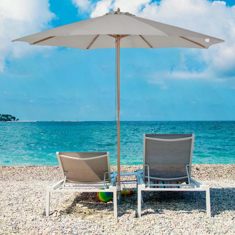 Outsunny 3(m) Garden Parasol, Pulley Operated Patio Umbrella, Wooden Table Market Umbrella with Rope Pulley Mechanism and 8 Ribs