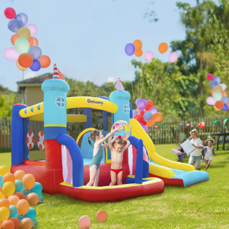 Outsunny 4 in 1 Kids Bouncy Castle Large Sailboat Style Inflatable House Slide Trampoline Water Pool Climbing Wall with Blower C