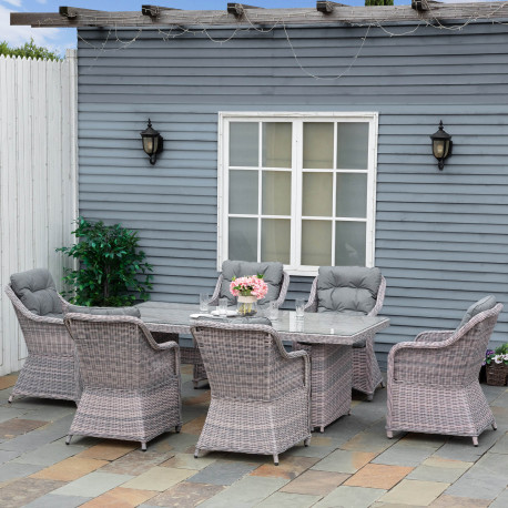 Outsunny 6 Seater Rattan Dining Set, Round PE Rattan Garden Furniture Set with Seat and Back Cushions, Aluminium Outdoor Dining 