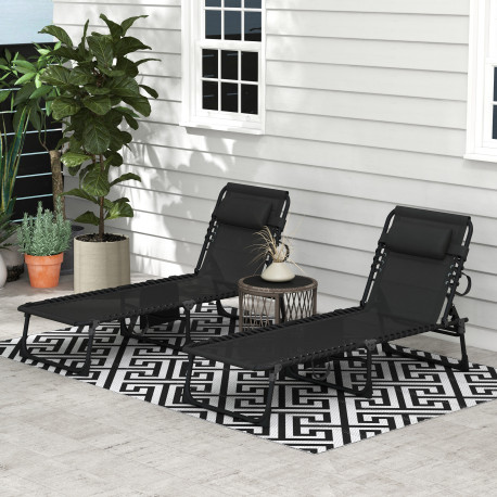 Outsunny Portable Sun Lounger Set of 2, Folding Camping Bed Cot, Reclining Lounge Chair 5-position Adjustable Backrest with Side