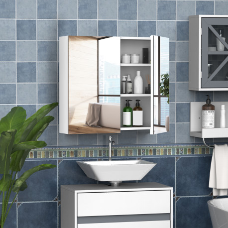 Mirror Cabinet, Wall Mount Bathroom Storage Cabinet with Adjustable Shelf, Double Door Cupboard, 70 x 15 x 60 cm, White