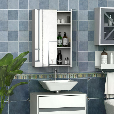 Mirror Cabinet, Wall Mount Bathroom Storage Cabinet with Adjustable Shelf, Double Door Cupboard, 60 x 15 x 75 cm, White