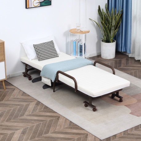 Folding Bed with Mattress, Single Guest Bed, Portable Fold Bed with Adjustable Backrest, Metal Frame on Wheels, White, 190 x 76 