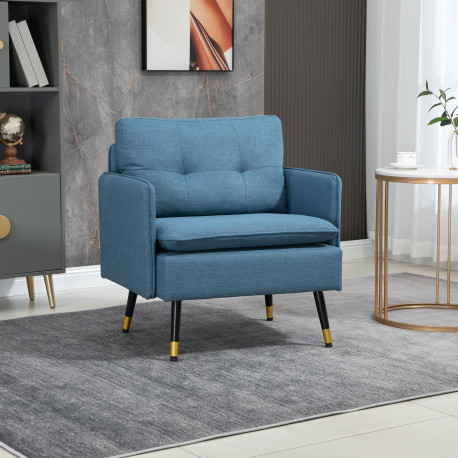 Modern One Seater Sofa, Button Tufted Armchair with Cushions and Steel Legs for Living Room, Guest Room, Dark Blue