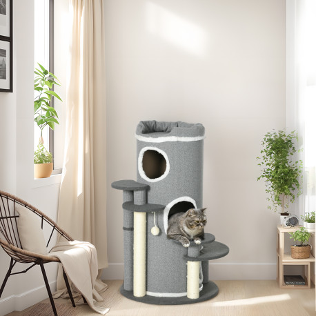 PawHut Barrel Shaped Cat Tree with Sisal Scratching Posts, Cat Bed, Platforms, Hanging Ball, Grey, Grey