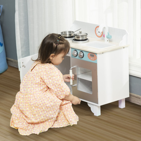 Kids Wooden Play Kitchen Toy Cooking Set Pretend Role Playset, with, Cooking Bench, Stainless Steel Pot for 3-6 Years