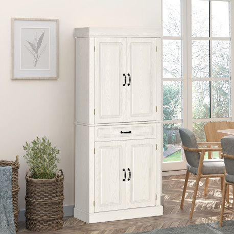 Kitchen Cupboard with 4 Doors, Freestanding Storage Cabinet with Wide Drawer and Shelves for Living Room, 180cm, White Wood Grai