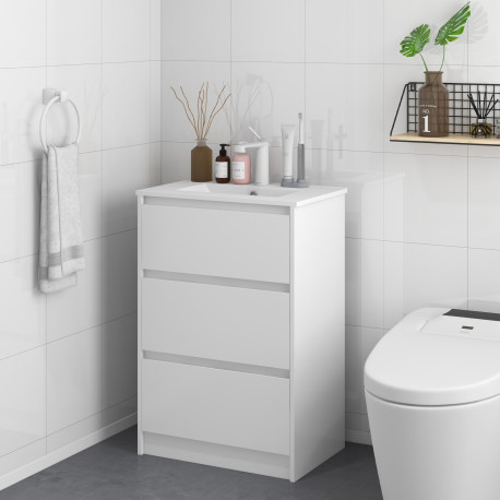 kleankin 600mm Bathroom Vanity Unit with Basin and Single Tap Hole, High Gloss White Floor Standing Bathroom Sink Unit with 2 Dr