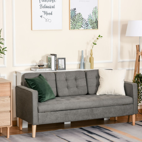 Modern 3 Seater Sofa with Hidden Storage, 169cm Tufted Cotton Couch with Wood Legs, Compact Sofa for Living Room, Grey
