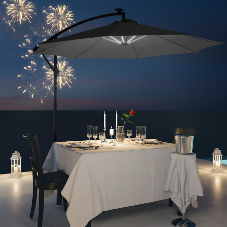 Outsunny 3m LED Patio Banana Umbrella Cantilever Parasol w/ Crank Cross Base Hanging Offset Umbrella Frame Steel  Aluminium Gard