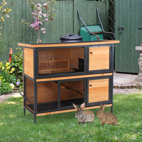 PawHut Rabbit Hutch Outdoor Guinea Pig Hutch Bunny Cage Metal Frame with  No-Leak Tray Openable Roof Light Yellow 122 x 50 x 101