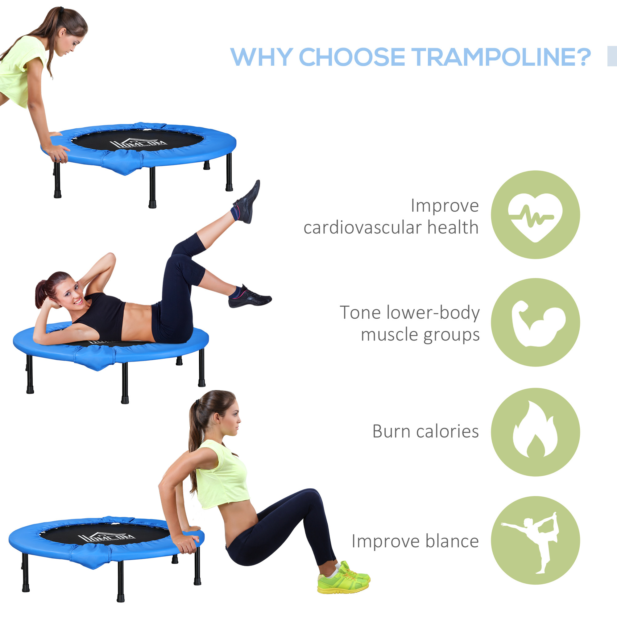 &Phi;101 Mini Fitness Trampoline Home Gym Yoga Exercise Rebounder Indoor Outdoor Jumper with Safety Pad, Support Up to 100 KG, Blue 