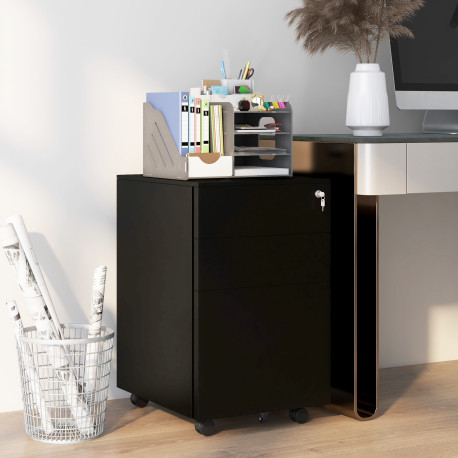 Vinsetto 3-Drawer Vertical Filing Cabinet with Pencil Tray, Lock and 5 Wheels, Steel Mobile File Cabinet, for A4, Legal and Lett