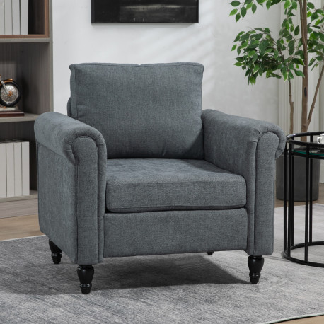 Vintage Accent Chair, Upholstered Occasional Chair with Back Pillow, Rolled Arms,  Rubber Wood Legs, Grey