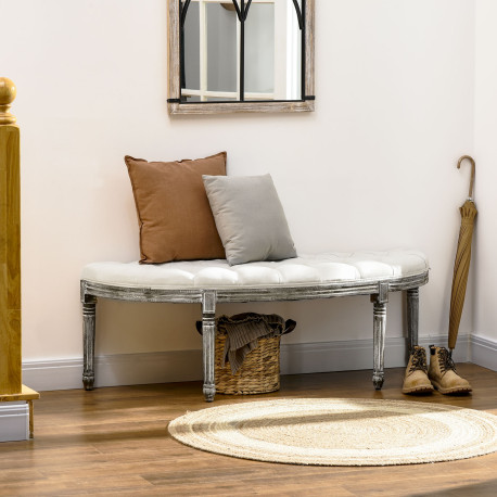 Half-Circle End Bench Ottoman Footstool Tufting Padded Seat Brushed Wood Base Antique Accents Home Seat Furniture Cream White an