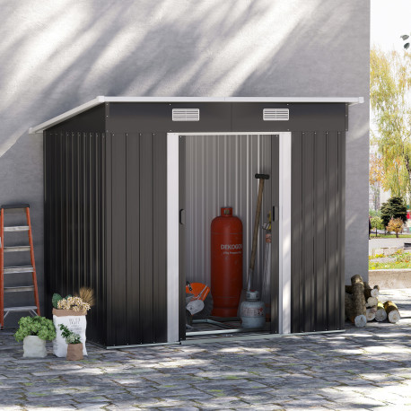 Outsunny 7 x 4ft Outdoor Storage Shed with Foundation Kit, Lean to Metal Garden Shed for Log, Rubbish Bin, Tool, Lawnmower, Bike