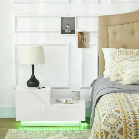 High Gloss Front Bedside Table with Drawers Nightstand with RGB LED Light and Remote for Bedroom Living Room White