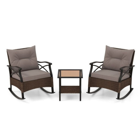 3 Piece Patio Rocker Set with Coffee Table and Cushions