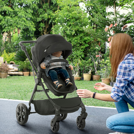 Foldable Baby Stoller, with Reclining Backrest, Adjustable Canopy, for Ages 0-36 Months - Black