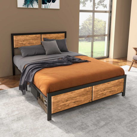 Industrial Double Bed Frame, 5FT Steel Bed Base with Headboard, Footboard, Slatted Support and Under Bed Storage, 147 x 197cm, R