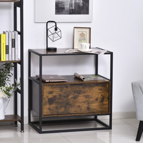 Industrial-Style Side Table w/ Drawer Open Shelf Steel Frame Large Base Two-Tone Retro Stylish Home Furniture Bedroom Living Roo