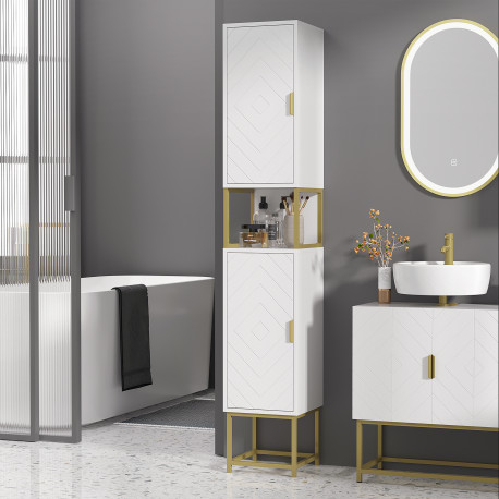 kleankin Narrow Bathroom Storage Cabinet, Freestanding Tallboy Storage Unit with Adjustable Shelf, 2 Doors and Steel Base, Slim 
