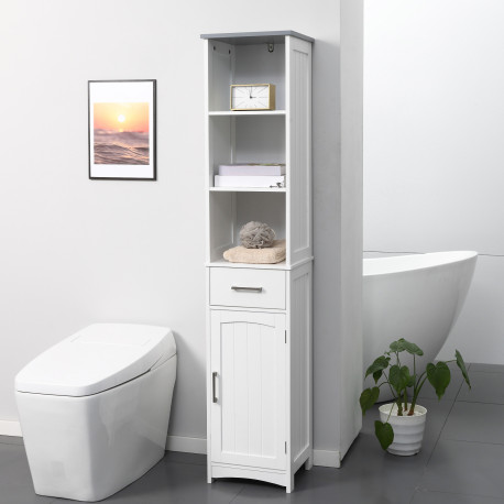 kleankin Tall Bathroom Storage Cabinet with 3 Tier Shelf, Cupboard, Drawer, Door, Freestanding Linen Tower, Slim Side Organizer,
