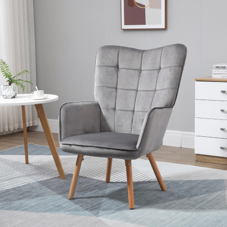 Modern Accent Chair, Upholstered Tufted Wingback Armchair with Seat Padding, Leisure Lounge Bedroom Chair with Wood Legs, Grey