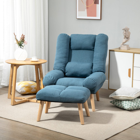 Armchair with Footstool, 180° Recliner with Ottoman, Accent Chair and Footstool with 3-Position Adjustable Backrest and Wooden L