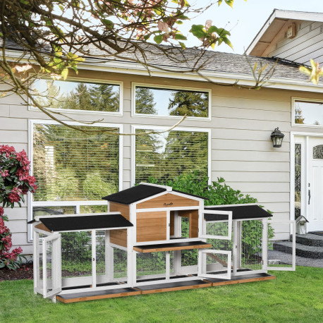 PawHut 2-Tier Large Rabbit Hutch Outdoor with Double Side Run Boxes, No-leak Plastic Tray, Ramp, 230 x 53 x 93.5cm, White
