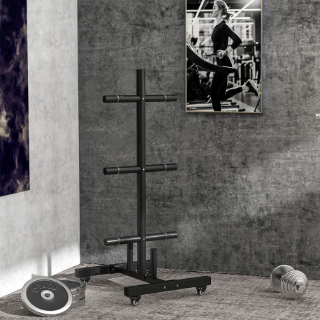 SPORTNOW Weight Rack for Olympic Weight Plate, 3 Tier Weight Tree for 2 inch Plates and Bars, Weight Organiser Stand with 4 Tran
