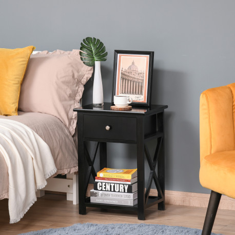 End Table, Sofa Side Table with Drawer X Bar Bottom Storage Shelf, Nightstand Bedside Table for Bedroom or Living Room Black
