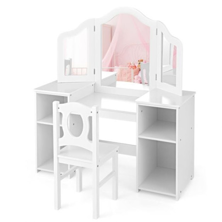 Kids Makeup Desk and Chair Set with Tri-Folding Detachable Mirror