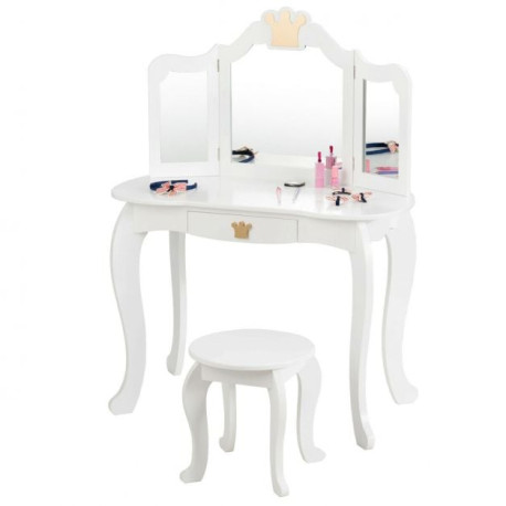 Kids Dressing Table and Stool Set with Tri-fold Mirror and Drawer