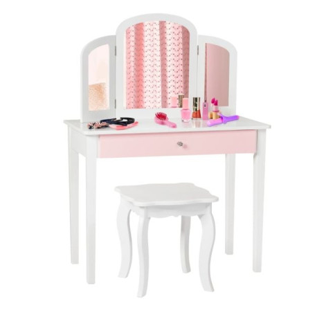 Kids Vanity Table and Stool Set Princess Makeup Dressing Table