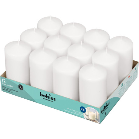 12 Bolsius Professional Pillar Candles - White (128/68mm)