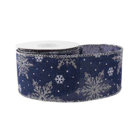 Dark Blue with Silver Snowflakes Ribbon (63mm x 10yds)