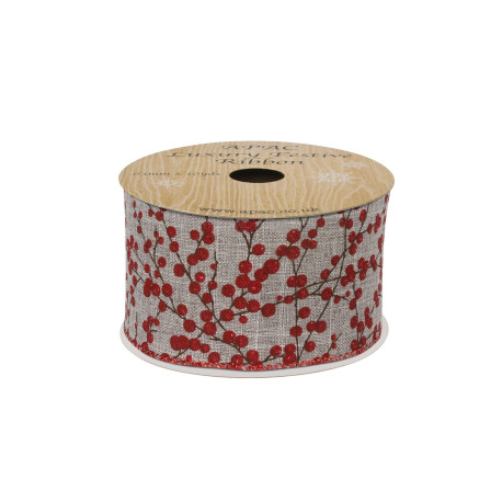 Red Glitter Berries on Grey Ribbon (63mm x 10yds)